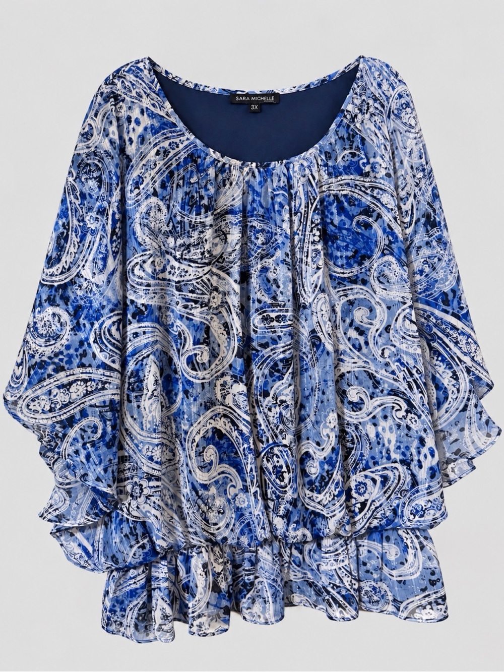 Sara Michelle Blue and White Paisley Ruffled Peasant Top